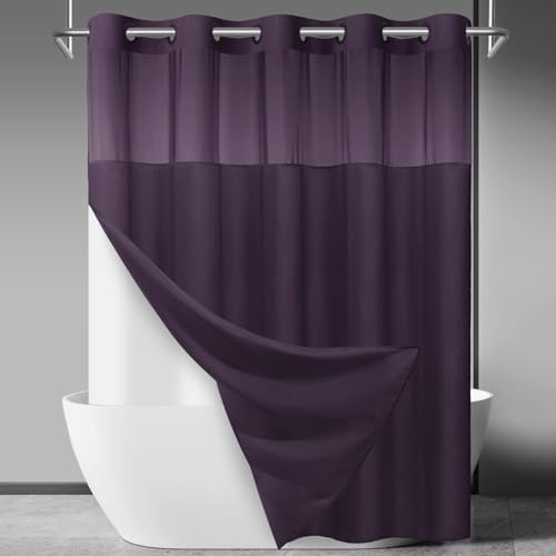 SORTTO No Hook Slub Shower Curtain with Liner, 71x74, Purple