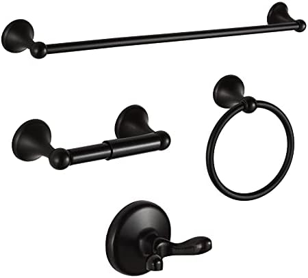 BGL Bathroom Hardware Set, Oil-Rubbed Bronze Adjustable Expandable Towel Bar 4-Piece ORB Bathroom Accessory Set Wall Mounted Robe Hook Toilet Paper Holder Towel Ring Towel Bar