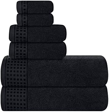 GLAMBURG 100% Cotton Ultra Soft 6 Pack Towel Set, Contains 2 Bath Towels 28x55 Inches, 2 Hand Towels 16x24 Inches & 2 Wash Coths 12x12 Inches, Compact Absorbent Lightweight & Quickdry - Black