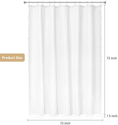 Seenus White Boho Fabric Shower Curtain with Tassels, Linen Textured French Country Shower Curtain Heavy Duty, 72 x 72 Inch Elegant Luxury Water Repellent Shower Curtains for Bathroom