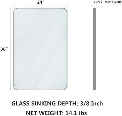 VocalStar 24 x 36 Inch Silver Bathroom Mirror for Wall, Rounded Rectangle Nickel Metal Framed Bathroom Vanity Mirrors, 1/4-inch Shatterproof Glass | Ultra-Flush Hanging