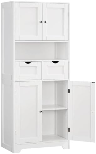 Iwell Tall Storage Cabinet with Adjustable Shelf & 2 Drawers, Kitchen Pantry Cabinet, Pantry Cabinets with 4 Doors, Tall Cabinets for Living Room, Kitchen, Bathroom, White