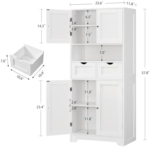 Iwell Tall Storage Cabinet with Adjustable Shelf & 2 Drawers, Kitchen Pantry Cabinet, Pantry Cabinets with 4 Doors, Tall Cabinets for Living Room, Kitchen, Bathroom, White