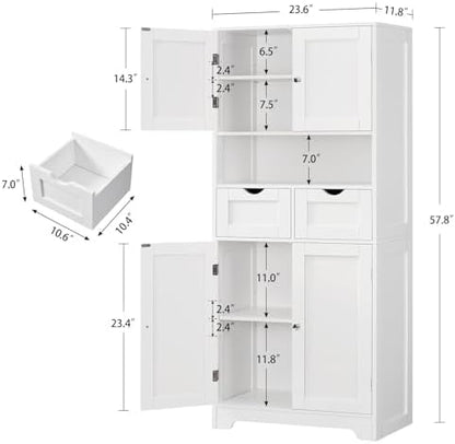 Iwell Tall Storage Cabinet with Adjustable Shelf & 2 Drawers, Kitchen Pantry Cabinet, Pantry Cabinets with 4 Doors, Tall Cabinets for Living Room, Kitchen, Bathroom, White