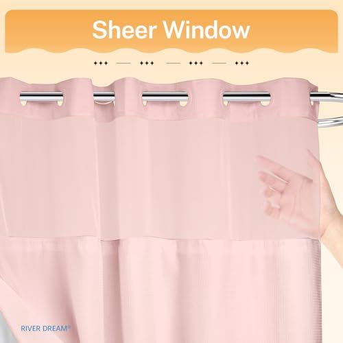 River Dream Waffle No Hook Shower Curtain with Liner,Light Pink,71x74