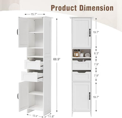 GRUSIGN 67" Tall Bathroom Storage Cabinet, Narrow Bathroom Cabinet with 2 Doors, 2 Drawers and 2 Adjustable Shelves, Slim Storage Cabinets for Kitchen, Living Room, Entryway, White