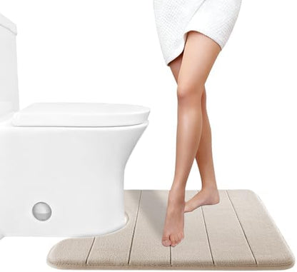Yimobra Memory Foam Toilet Bath Mat U-Shaped, Soft and Comfortable, Super Water Absorption, Non-Slip, Thick, Machine Wash and Easier to Dry for Bathroom Commode Contour Rug, 24 X 20 Inches, Beige