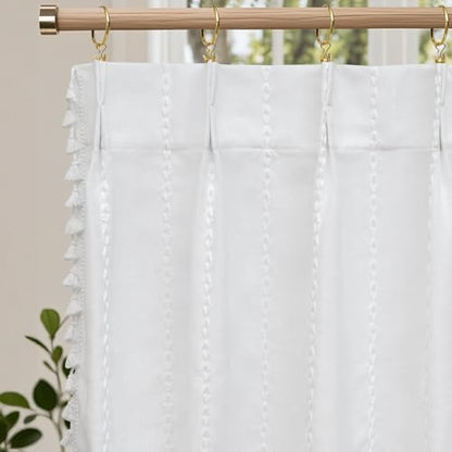 Seenus Boho Farmhouse Window Curtain with Tassels, 30 x 24 Inch Light Filtering Sheer Short Cafe Window Curtain Tier, White Linen Textured Pleated Small Window Drape for Kitchen or Bathroom, 1 Panel