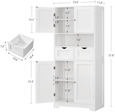 TEENFON Tall Bathroom Storage Cabinet with 4 Doors & 2 Adjustable Shelves