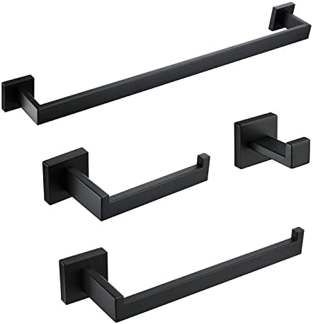 BAGNOLUX Matte Black Bathroom Accessories Set 4 Pieces, Bathroom Towel Holder Set Stainless Steel, Black Towel Bar Towel Racks for Bathroom Wall Mounted, Square Bathroom Hardware Set Heavy Duty
