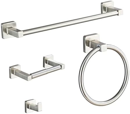Brushed Nickel Bathroom Hardware Set 4 Pieces,Towel Bar Set Stainless Steel Wall Mounted, Includes 16In Hand Towel Bar, Towel Ring, Robe Towel Hooks,Toilet Paper Holder, Bathroom Towel Rack Set…