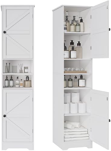 Viaozutis Tall Bathroom Storage Cabinet, Slim Freestanding Cabinet with Adjustable Shelves, Vertical Storage Organizer for Small Bathrooms, Toilet Paper & Daily Essentials Storage（White）