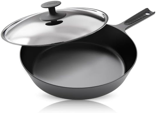 COOKLIFE 10 Inch Lightweight Pre-Seasoned Cast Iron Skillets with Stainless Steel Lid - Smooth Polished Surface, Easy to Clean Cast Iron Pan Use in the Oven, on the Stove or Grill