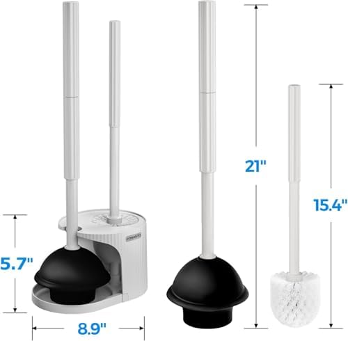 FORASTO 2Pack 2 in 1 Toilet Brush and Plunger Set,Clean Gloves, Extended Handle Plunger，Toilet Bowl Brush Plunger Set,Bathroom Cleaning Tools,Toilet Brush Plunger Combo,Cleaning Brush(Light Grey)