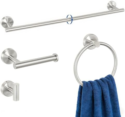 HOMOTEK 4 Pieces Bathroom Accessories Hardware Set, 24 inch Towel Bar, Towel Ring, Robe Hook, Toilet Paper Holder, Stainless Steel Rack Kit Wall Mounted, Brushed Stainless Steel