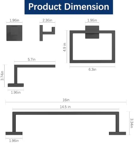 Gypie Bathroom Hardware Accessories Set, 5-Piece 16In Black Wall Mounted