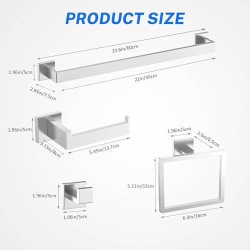 5 Pieces Brushed Nickel Towel Bar Set Bathroom Hardware Accessories Set Include 23.6 Inch Towel Bar Toilet Paper Holder Towel Ring Coat Hooks SUS304 Stainless Steel Wall Mounted Towel Holder Set