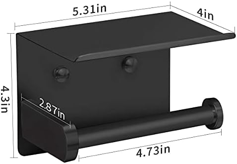 VAEHOLD Self Adhesive Toilet Paper Holder with Phone Shelf Stainless Steel Wall Mounted Toilet Paper Roll Holder - Rustproof and Bathroom Washroom Tissue Roll Holder with Shelf - Black