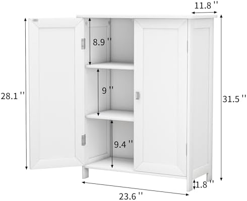 Bathroom Cabinet with Adjustable Shelf Freestanding Storage Cabinet with 2 Doors Wooden Organizer Floor for Bathroom Kitchen and Living Room (White, 2 Doors)