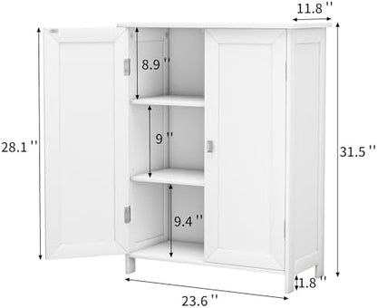Bathroom Cabinet with Adjustable Shelf Freestanding Storage Cabinet with 2 Doors Wooden Organizer Floor for Bathroom Kitchen and Living Room (White, 2 Doors)