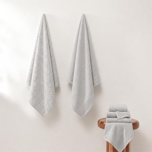 Modern Threads 6 Piece Bath Towel Set – Bathroom Towel Set with 2 Bath Towels, 2 Hand Towels & 2 Washcloths – 100% Cotton, Soft & Absorbent – Geometric (Silver Cloud)