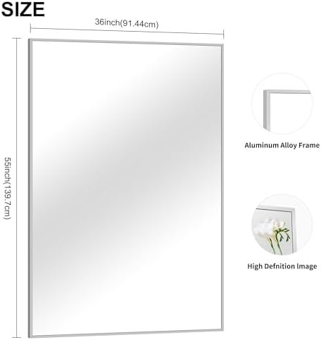 COFENY 36x55inch Bathroom Mirror, Silver Rectangle Mirror with Thin Metal Frame, Large Rectangular Wall Mirrors for Bathroom, Living Room, Hair Salon, Big Mirror Hang Horizontal/Vertical