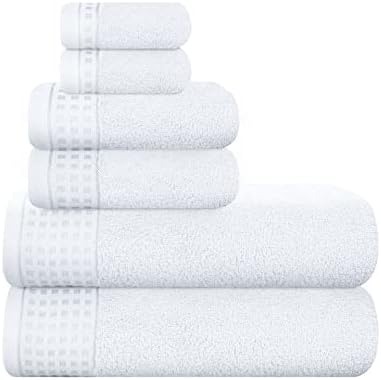 GLAMBURG 100% Cotton Ultra Soft 6 Pack Towel Set, Contains 2 Bath Towels 28x55 Inches, 2 Hand Towels 16x24 Inches & 2 Wash Coths 12x12 Inches, Compact Absorbent Lightweight & Quickdry - White