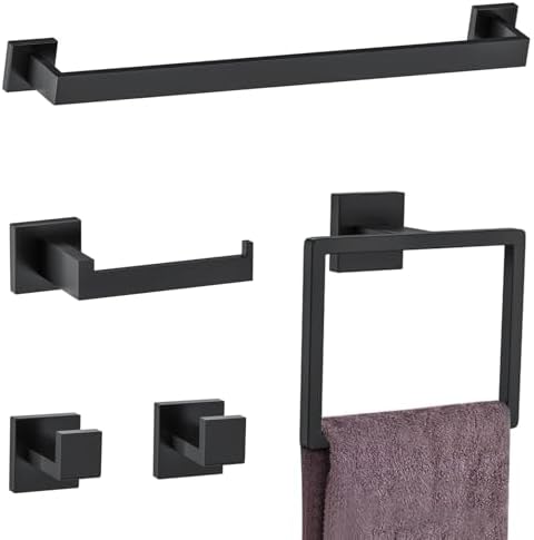 5 Pieces Towel Bar Set Matte Black Bathroom Hardware Accessories Set Include Towel Rack TP Holder Towel Ring Coat Hooks Stainless Steel Wall Mounted Towel Holder Set for Bathroom,23.6 in