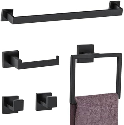 5 Pieces Towel Bar Set Matte Black Bathroom Hardware Accessories Set Include Towel Rack TP Holder Towel Ring Coat Hooks Stainless Steel Wall Mounted Towel Holder Set for Bathroom,23.6 in