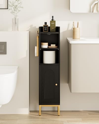 Bathroom Storage Cabinet, Small Corner Floor Hutch with 2Hooks,Narrow Toilet Paper Cabinet with Adjustable Shelf,Morden Bathroom Organizer for Small Spaces,Black