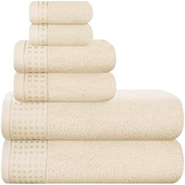 GLAMBURG 100% Cotton Ultra Soft 6 Pack Towel Set, Contains 2 Bath Towels 28x55 Inches, 2 Hand Towels 16x24 Inches & 2 Wash Coths 12x12 Inches, Compact Absorbent Lightweight & Quickdry - Ivory