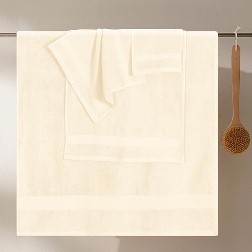 GLAMBURG Ultra Soft 8-Piece Towel Set - 100% Pure Ringspun Cotton, Contains 2 Oversized Bath Towels 27x54, Hand 16x28, 4 Wash Cloths 13x13 Ideal for Everyday use, Hotel & Spa Ivory Cream