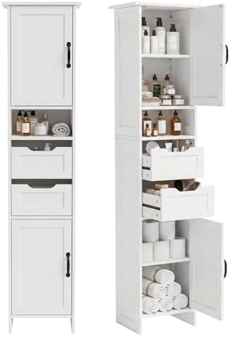 GRUSIGN 67" Tall Bathroom Storage Cabinet, Narrow Bathroom Cabinet with 2 Doors, 2 Drawers and 2 Adjustable Shelves, Slim Storage Cabinets for Kitchen, Living Room, Entryway, White