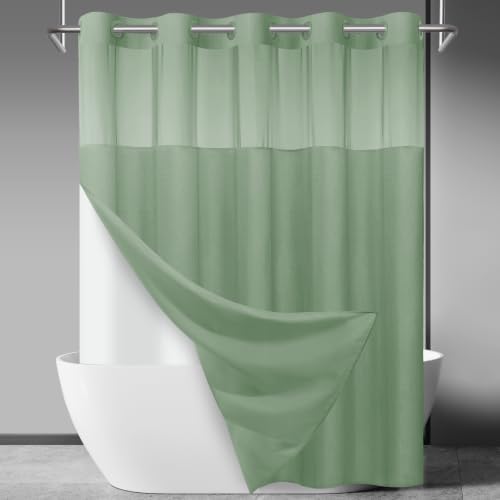 SORTTO No Hook Slub Shower Curtain with Liner, 71x74, Sage