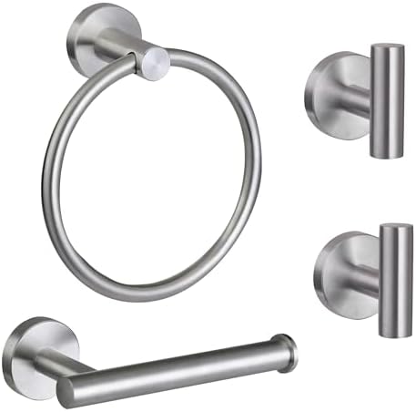 4 Piece Brushed Nickel Bathroom Hardware Set, Modern Towel Ring and Toilet Paper Holder Set,Wall Mounted, Durable SUS304 Stainless Steel Bathroom Accessories Set