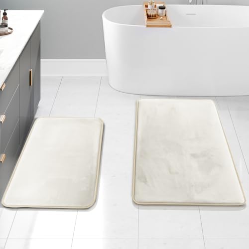 Clara Clark 2 Piece Bathroom Rugs Bath Mat Set, Velvet Memory Foam Bath Mats for Bathroom - Non-Slip, PVC Backing Bath Rugs, Washable - Dries Quickly, White