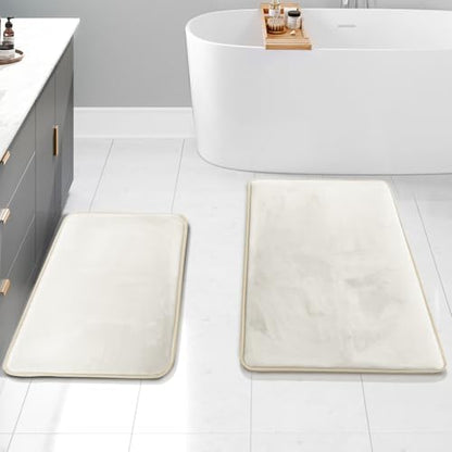 Clara Clark 2 Piece Bathroom Rugs Bath Mat Set, Velvet Memory Foam Bath Mats for Bathroom - Non-Slip, PVC Backing Bath Rugs, Washable - Dries Quickly, White