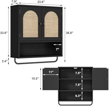 RUSTOWN Rattan Bathroom Wall Cabinet, Boho Medicine Cabinet with 2 Doors