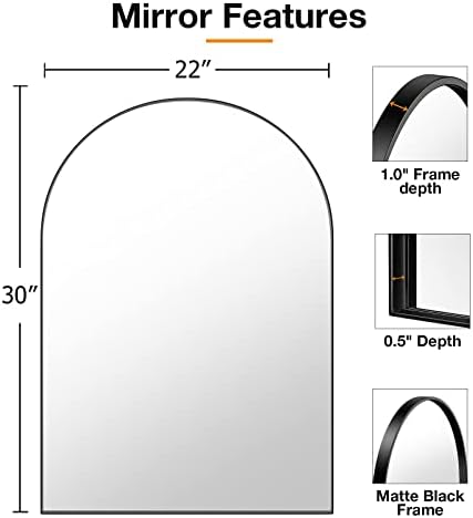 Brightify Arched Mirror, Arched Wall Mirror, 22 x 30 Inch Black Arch Mirror, Metal Frame Black Bathroom Mirror, Arched Top Bathroom Vanity Mirror for Living Room Bedroom Mantel Entryway Hallways