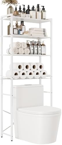 4-Tier Over-the-Toilet Storage Rack with One-Piece Wooden Shelves & Open Net Basket, Bathroom Organizer with Adjustable Feet & Anti-Tip Kit, Space-Saving Toilet Shelf, White, 24.4" x 9.4" x 69.3"