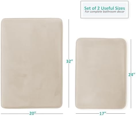 Clara Clark 2 Piece Bathroom Rug Set - Memory Foam, Bath Mat Set, Plush, Cozy, Ultra Soft, Non Slip, Machine Washable, Quick Dry - 24” x 17”+ 32” x 20” - Linen