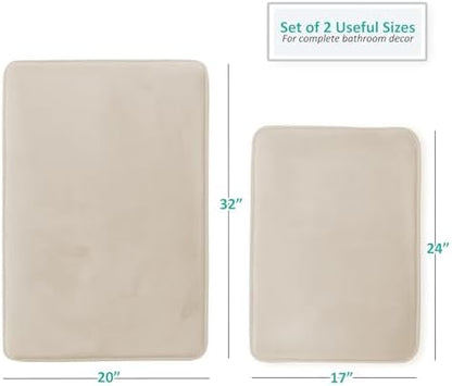Clara Clark 2 Piece Bathroom Rug Set - Memory Foam, Bath Mat Set, Plush, Cozy, Ultra Soft, Non Slip, Machine Washable, Quick Dry - 24” x 17”+ 32” x 20” - Linen