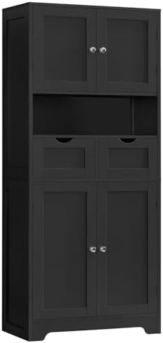 Iwell 57.8" H Tall Storage Cabinet with 2 Drawers & 2 Adjustable Shelves, Kitchen Cabinet with 4 Doors, Tall Cabinet for Living Room, Dining Room, Entryway, Black