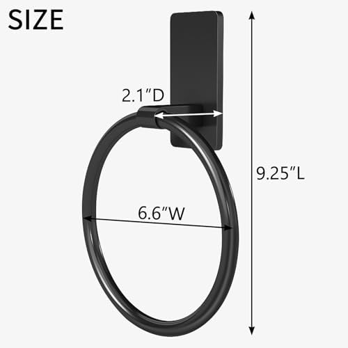 STWWO Black Hand Towel Holder for Bathroom, Adhesive Towel Rings, 2 Pack