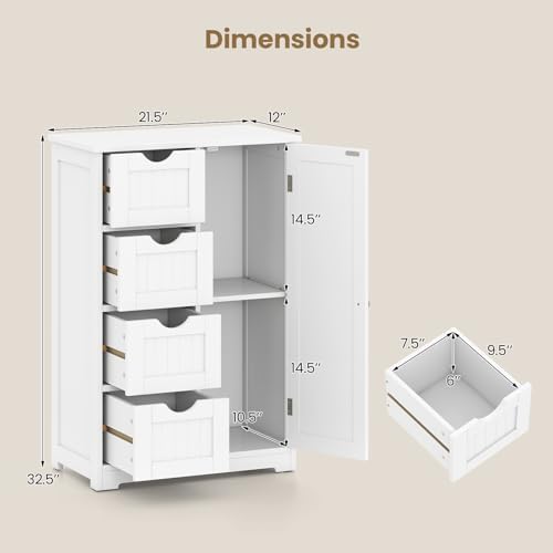 Giantex Storage Cabinet with 4 Drawers, Bathroom Storage Organizer with Cupboard, Adjustable Shelf, Anti-Toppling Device, Floor Cabinet, Entryway Storage Unit Console Table, White