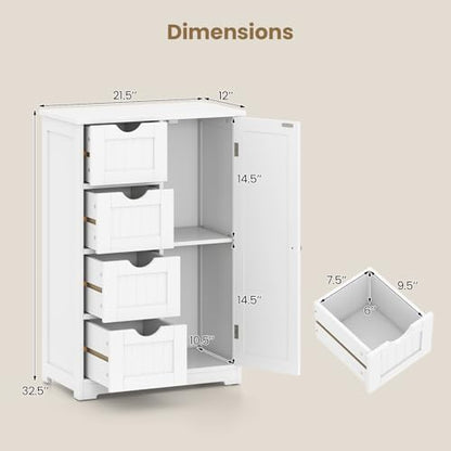 Giantex Storage Cabinet with 4 Drawers, Bathroom Storage Organizer with Cupboard, Adjustable Shelf, Anti-Toppling Device, Floor Cabinet, Entryway Storage Unit Console Table, White