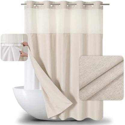 eachope No Hooks Needed Linen Textured Shower Curtain with Snap-in Fabric Liner Set,Cream Hotel Luxury Decor Shower Curtains for Bathroom,Waterproof & Washable,71Wx77H