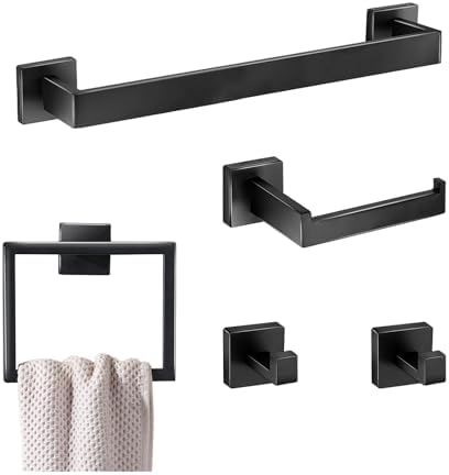 5 Pieces Bathroom Hardware Accessories Set 16 Inch Wall Mounted Towel Bar Set Matte Black Towel Rack Rings Stainless Steel Toilet Paper Holder Bath Coat Hooks
