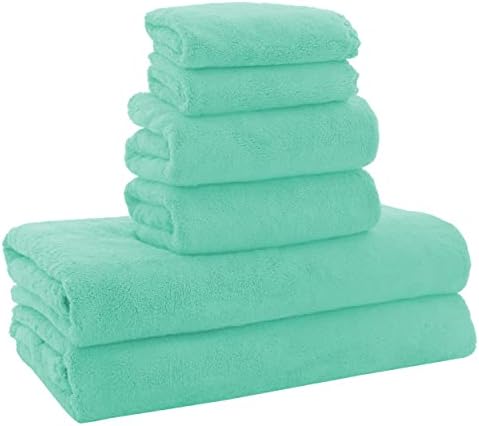 MOONQUEEN Ultra Soft Microfiber Coral Velvet Towel Set - Quick Drying, 2 Bath Towels, 2 Hand Towels, 2 Washcloths - Aqua Green, 6 Pcs