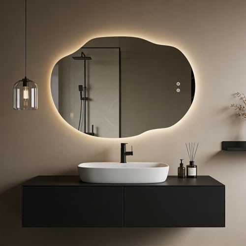 WallBeyond Backlit LED Bathroom Vanity Mirror with Lights, Irregular Asymmetrical Design,45" H x 32" W, Anti-Fog, Dimmable 3 Color Lighting, Memory, Hardwired Mount, Supports Horizontal & Vertical